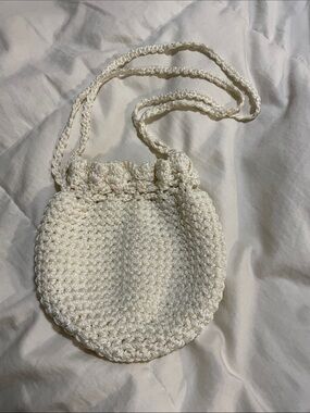 Vintage Lola Leman's Hand-Crocheted Ruffle Drawstring Bag - Ivory/Cream